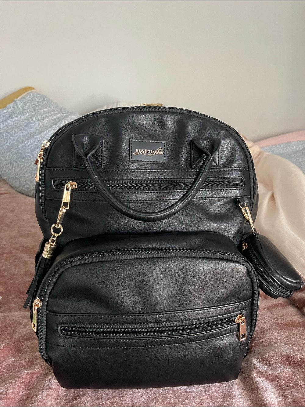 Rosegin Black Faux Leather diaper bookbag
